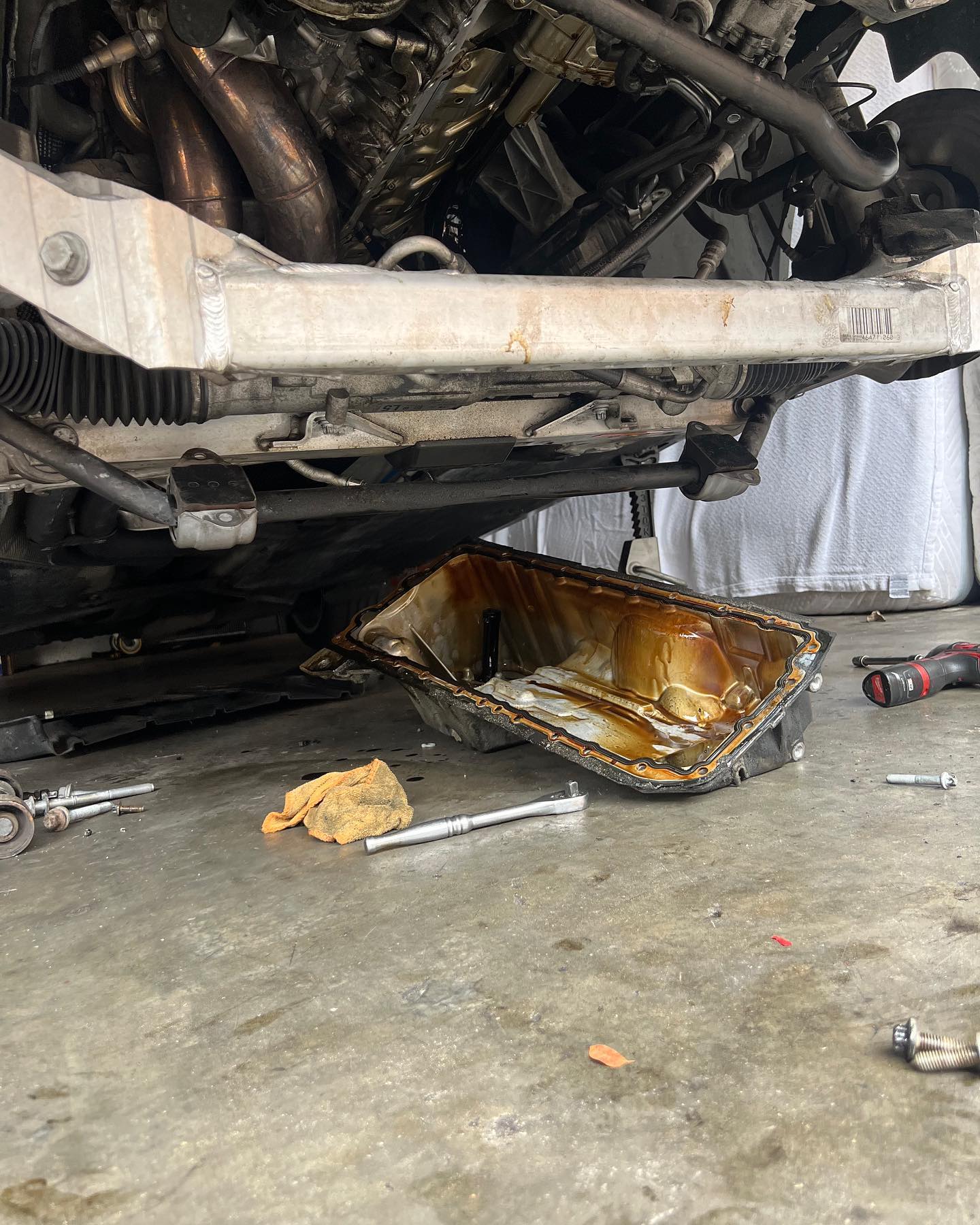 BMW front end apart, oil pan removed