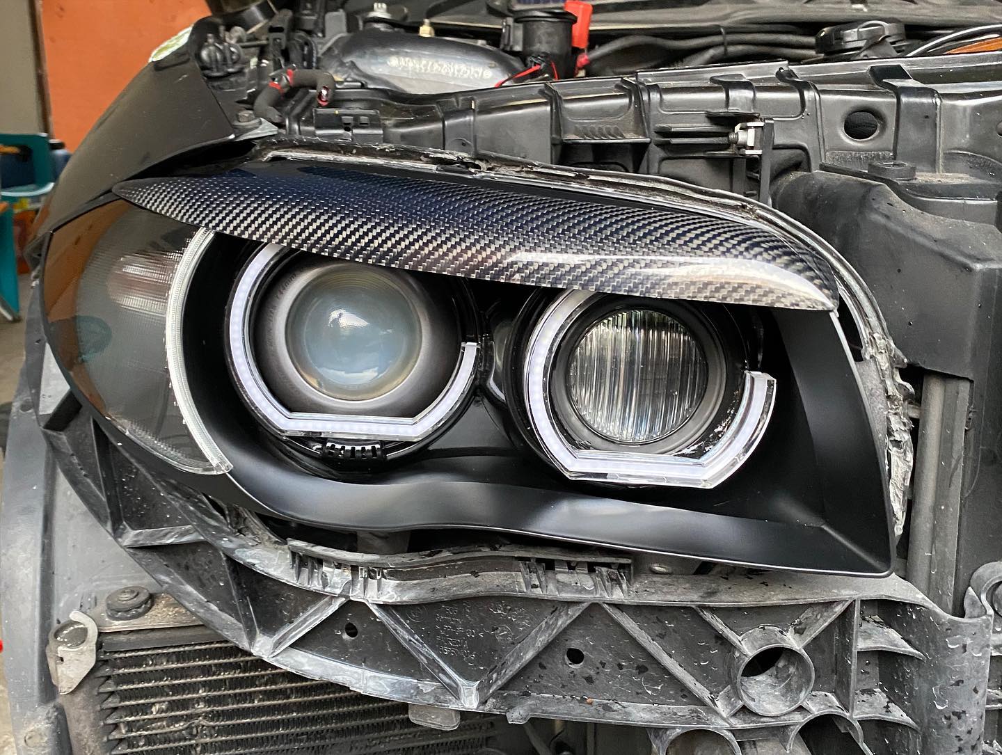 BMW headlight and front end disassembled